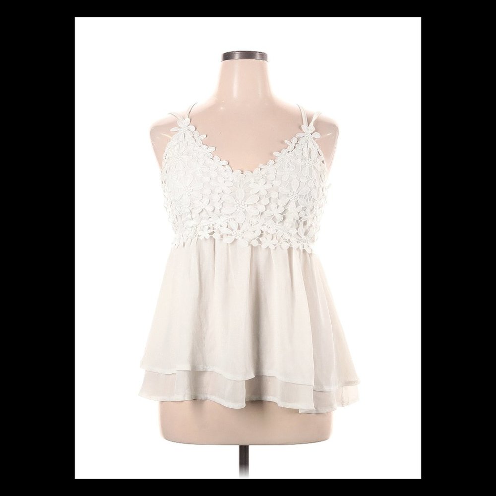 Feager Womens White Floral Embroidered Spaghetti Strap Sleeveless Top XL EUC